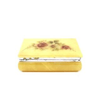 Vintage Genuine Alabaster Trinket Jewelry Box Yellow w/Flowers Created in Italy
